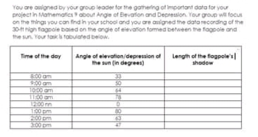 You are osigned by your group leader for the gathering ot Important data for your
project in Mathematics about Ange of Bevation and Depression. Your group wi focut
on the mings you can find in your school and you are asigned the data recording of the
30-11 hign fagpole baied on the angle of eievation fomed between the fagopole and
the sun. Your taik s tabulated below.
Length of the flogpole's|
shodow
Time of the day
Angie of elevation/depression of
the sun (in degrees)
8.00 am
9:00 am
10:00 am
11:00 am
1200m
100 pm
200 pm
3:00 pm
50
64
78
80
63
