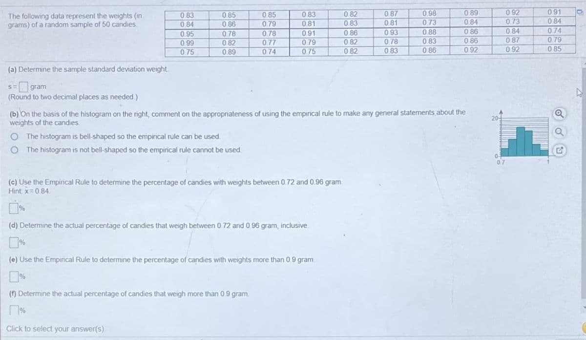 0 92
0.73
0 84
0 87
0 92
0 98
0 73
091
0 82
0 83
0 85
0 83
0 87
0.89
The following data represent the weights (in
grams) of a random sample of 50 candies.
0.83
085
0 84
0 86
0.79
0.81
0.81
0.84
0.84
0 86
0 86
0 92
0.74
0 93
0 78
0 83
0.78
0.91
0.86
0.88
0.95
0 99
0.75
0.78
0 83
0.86
0 79
0 85
0 82
077
0.82
0.79
0 75
0.89
074
0 82
(a) Determine the sample standard deviation weight
s= gram
(Round to two decimal places as needed)
(b) On the basis of the histogram on the right, comment on the appropriateness of using the empirical rule to make any general statements about the
weights of the candies.
20-
The histogram is bell-shaped so the empirical rule can be used.
The histogram is not bell-shaped so the empinical rule cannot be used.
04
0.7
(c) Use the Empirical Rule to determine the percentage of candies with weights between 0.72 and 0.96 gram
Hint x=0 84.
(d) Determine the actual percentage of candies that weigh between 0.72 and 0 96 gram, inclusive
%
(e) Use the Empirical Rule to determine the percentage of candies with weights more than 0 9 gram.
%
(f) Determine the actual percentage of candies that weigh more than 09 gram.
Click to select your answer(s).
