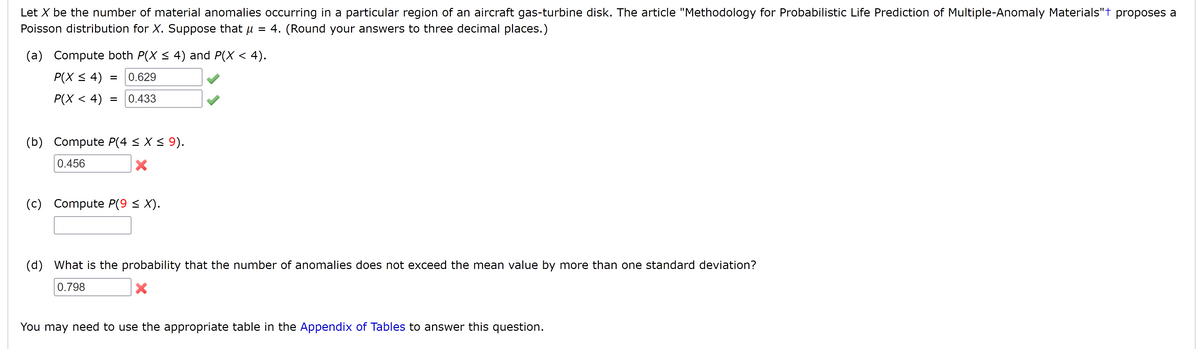 Let X be the number of material anomalies occurring in a particular region of an aircraft gas-turbine disk. The article "Methodology for Probabilistic Life Prediction of Multiple-Anomaly Materials"+ proposes a
Poisson distribution for X. Suppose that μ = 4. (Round your answers to three decimal places.)
(a) Compute both P(X ≤ 4) and P(X < 4).
P(X ≤ 4)
= 0.629
P(X < 4)
= 0.433
(b) Compute P(4 ≤ X ≤ 9).
0.456
(c) Compute P(9 ≤ X).
(d) What is the probability that the number of anomalies does not exceed the mean value by more than one standard deviation?
0.798
×
You may need to use the appropriate table in the Appendix of Tables to answer this question.