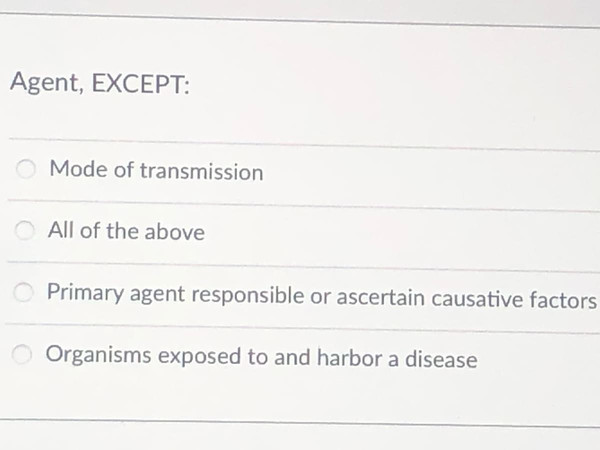 Agent, EXCEPT:
Mode of transmission
All of the above
Primary agent responsible or ascertain causative factors
Organisms exposed to and harbor a disease
