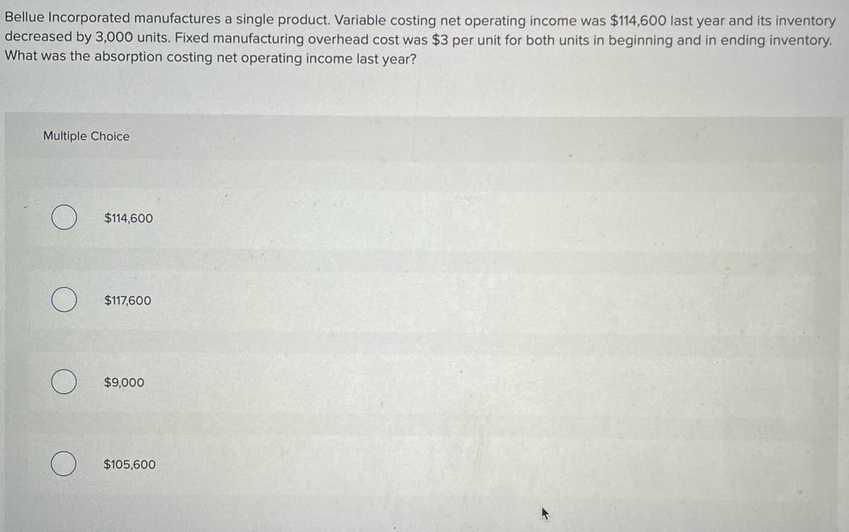 Bellue Incorporated manufactures a single product. Variable costing net operating income was $114,600 last year and its inventory
decreased by 3,000 units. Fixed manufacturing overhead cost was $3 per unit for both units in beginning and in ending inventory.
What was the absorption costing net operating income last year?
Multiple Choice
$114,600
$117,600
$9,000
$105,600
