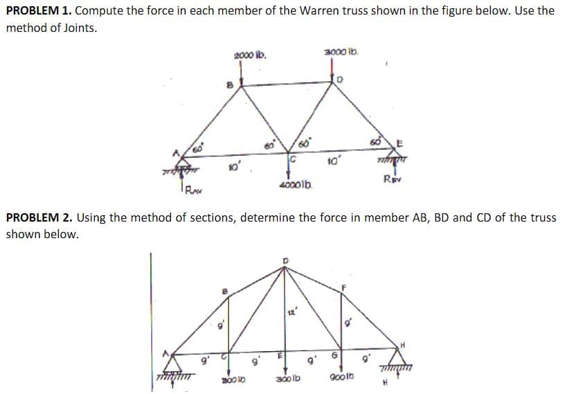 PROBLEM 1. Compute the force in each member of the Warren truss shown in the figure below. Use the
method of Joints.
2000 lb.
3000 lb.
60
10'
RAV
4000lb.
PROBLEM 2. Using the method of sections, determine the force in member AB, BD and CD of the truss
shown below.
9'
9'
90olb
