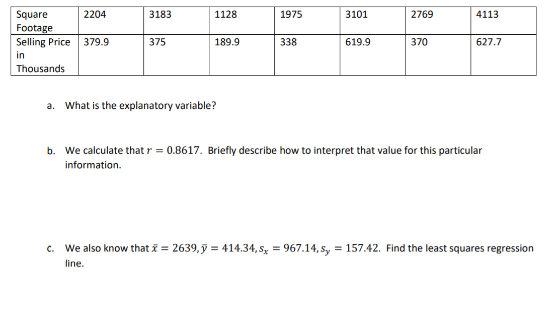 Square
2204
3183
1128
1975
3101
2769
4113
Footage
Selling Price
379.9
375
189.9
338
619.9
370
627.7
in
Thousands
а.
What is the explanatory variable?
b. We calculate that r = 0.8617. Briefly describe how to interpret that value for this particular
information.
C.
We also know that i = 2639, ỹ = 414.34, sx = 967.14, s, = 157.42. Find the least squares regression
line.
