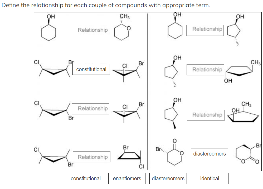 Define the relationship for each couple of compounds with appropriate term.
OH
OH
CH3
OH
Relationship
Relationship
он
Br
Br
CH3
constitutional
Relationship
OH
OH
CI
CH3
OH
Br
Relationship
ČI
Relationship
Br
Br
Br
Br.,
diastereomers
Relationship
Br
CI
constitutional
enantiomers
diastereomers
identical
