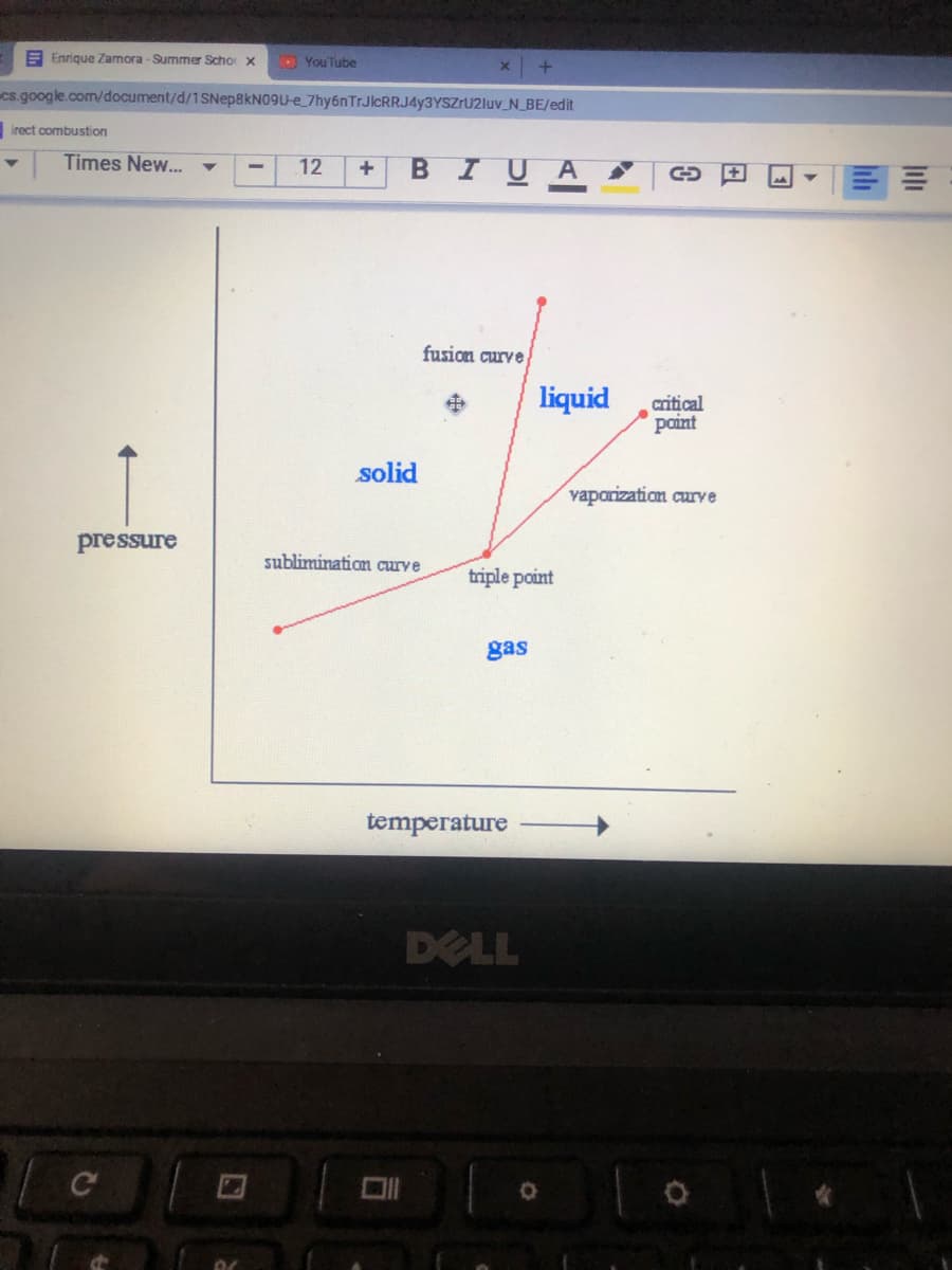 E Enrique Zamora - Summer Scho x
O YouTube
cs.google.com/document/d/1SNep8kN09U-e_7hy6nTrJlcRRJ4y3YSZrU2luv_N_BE/edit
irect combustion
Times New...
12
IUA
fusion curve
liquid
critical
paint
solid
vaparization curve
pressure
sublimination curve
triple point
gas
temperature
DELL
