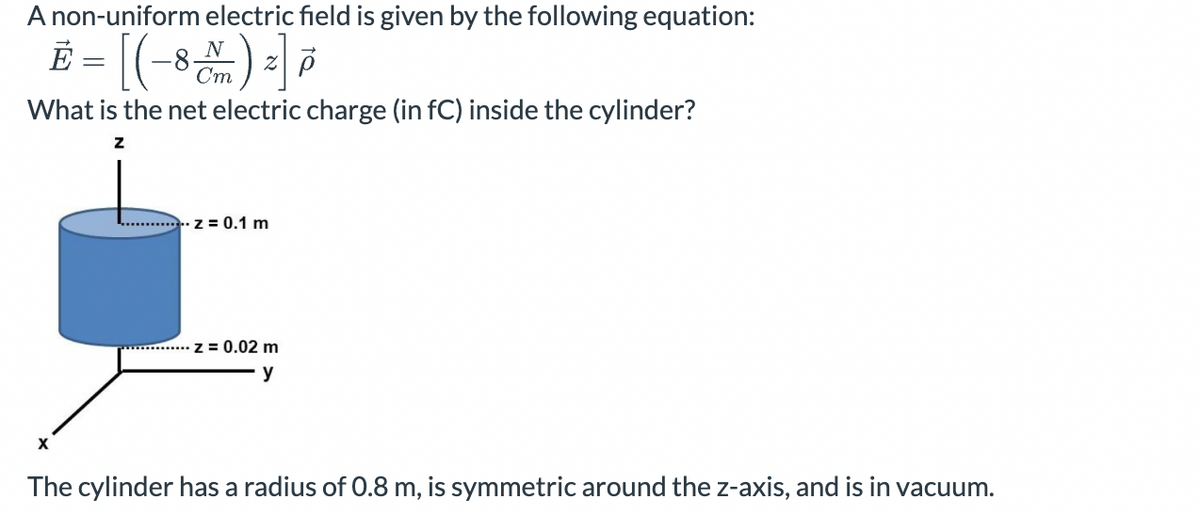 A non-uniform electric field is given by the following equation:
Ë = [(-8 M) ²] µ
What is the net electric charge (in fC) inside the cylinder?
Z
X
z = 0.1 m
z = 0.02 m
y
The cylinder has a radius of 0.8 m, is symmetric around the z-axis, and is in vacuum.