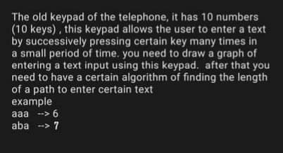 The old keypad of the telephone, it has 10 numbers
(10 keys), this keypad allows the user to enter a text
by successively pressing certain key many times in
a small period of time. you need to draw a graph of
entering a text input using this keypad. after that you
need to have a certain algorithm of finding the length
of a path to enter certain text
example
aaa --> 6
aba --> 7
