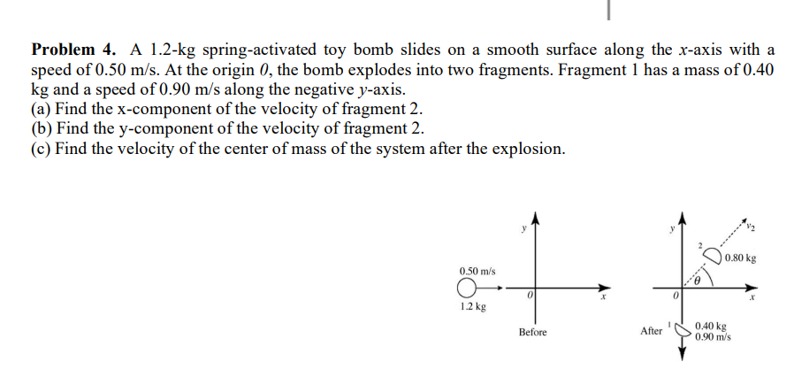 Problem 4. A 1.2-kg spring-activated toy bomb slides on a smooth surface along the x-axis with a
speed of 0.50 m/s. At the origin 0, the bomb explodes into two fragments. Fragment 1 has a mass of 0.40
kg and a speed of 0.90 m/s along the negative y-axis.
(a) Find the x-component of the velocity of fragment 2.
(b) Find the y-component of the velocity of fragment 2.
(c) Find the velocity of the center of mass of the system after the explosion.
0.50 m/s.
1.2 kg
0
Before
After
0.80 kg
0.40 kg
0.90 m/s
X