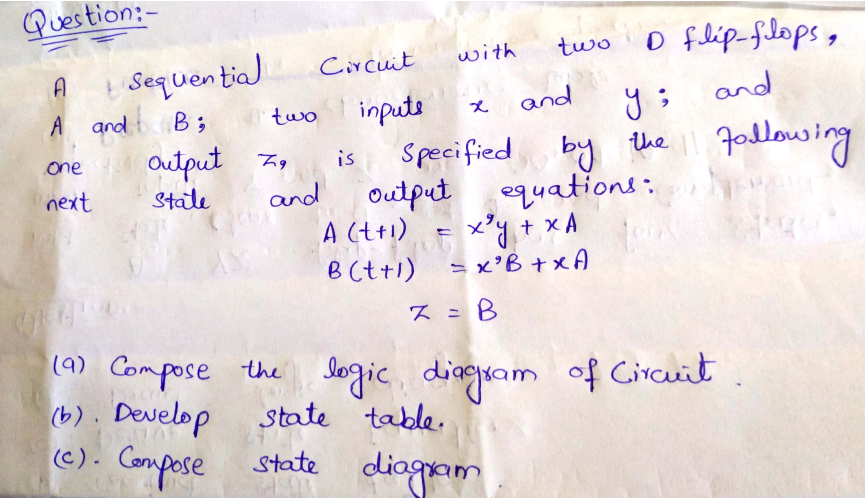 Question:-
o filip-filops,
two
Sequential
A and
Circuit
with
A
and
inputs
Specified by he Fallowing
Output equations :
A (t+1)
B(t+1)
two
and
i
Output Zg
one
is
next
Stale
and
= x'B +xA
ス= B
(9) Compose the Sogic diagram of Circuit
(b). Develop
(e). Compose state diagram
state table.
