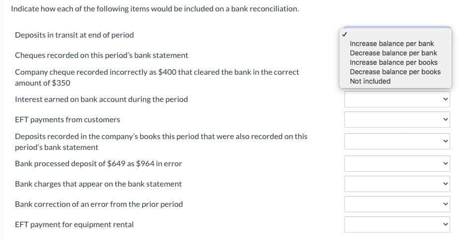 Indicate how each of the following items would be included on a bank reconciliation.
Deposits in transit at end of period
Increase balance per bank
Decrease balance per bank
Cheques recorded on this period's bank statement
Increase balance per books
Decrease balance per books
Company cheque recorded incorrectly as $400 that cleared the bank in the correct
amount of $350
Not included
Interest earned on bank account during the period
EFT payments from customers
Deposits recorded in the company's books this period that were also recorded on this
period's bank statement
Bank processed deposit of $649 as $964 in error
Bank charges that appear on the bank statement
Bank correction of an error from the prior period
EFT payment for equipment rental
>
>
>
>
>
>

