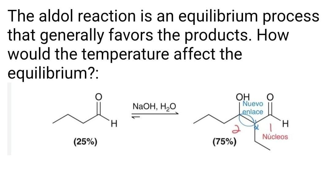 The aldol reaction is an equilibrium process
that generally favors the products. How
would the temperature affect the
equilibrium?:
OH
Nuevo
NaOH, H20
enlace
H.
H.
Núcleos
(25%)
(75%)
