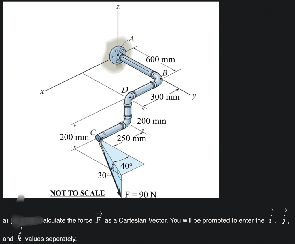 x
Z
600 mm
300 mm
y
200 mm
200 mm
250 mm
40°
30°
NOT TO SCALE
F= 90 N
→>
→>
a) [
alculate the force F as a Cartesian Vector. You will be prompted to enter the i,
言
→>
and k values seperately.