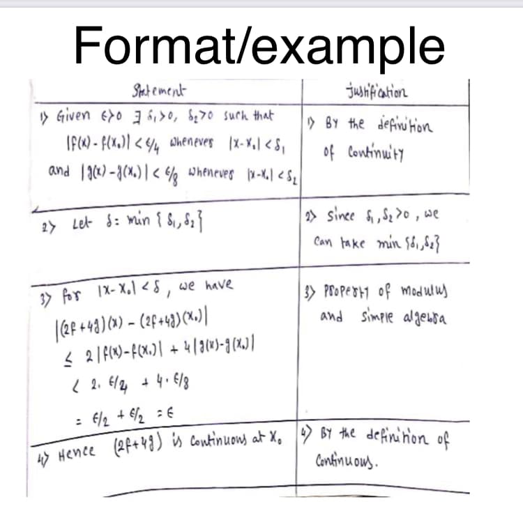 Format/example
Stat ement
jushifiation
> Given e>o 3 6,>0, &70 such that
» BY the definition
IfW) - f(x.)] < %4 wheneves x-4,| < 8,
of Continuity
|< <q wheneves -,] < Sz
> since fi, S2>0, we
Can take min S6,,2
2> Let 8: min { $i,8,}
3> PROPESH1 of mod ulus
and simple algeusa
3> for 1X- X,1 < 8 , we have
E/2 + 6/2 : €
> Hence (2f+48) is Continuons at X, 9 BY the defininion o0
Confinu ous.
