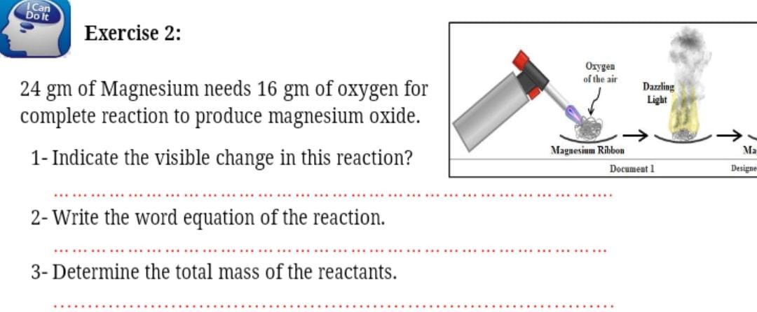 Can
Do It
Exercise 2:
Orygen
of the air
24 gm of Magnesium needs 16 gm of oxygen for
complete reaction to produce magnesium oxide.
Dazzling
Light
Magnesium Ribbon
Ma
1- Indicate the visible change in this reaction?
Document 1
Designe
2- Write the word equation of the reaction.
3- Determine the total mass of the reactants.
