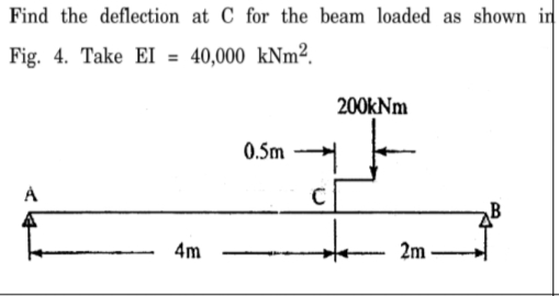 Find the deflection at C for the beam loaded as shown in
Fig. 4. Take EI = 40,000 KNM².
200kNm
0.5m
4m
2m
