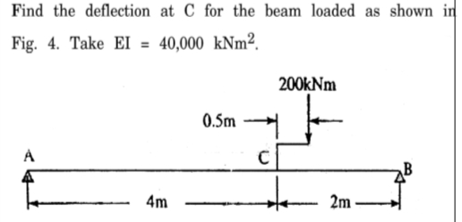 Find the deflection at C for the beam loaded as shown in
Fig. 4. Take EI = 40,000 kNm².
%3D
200kNm
0.5m
4m
2m
