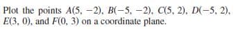 Plot the points A(5, -2), B(-5, -2), C(5, 2), D(-5, 2),
E(3, 0), and F(0, 3) on a coordinate plane.
