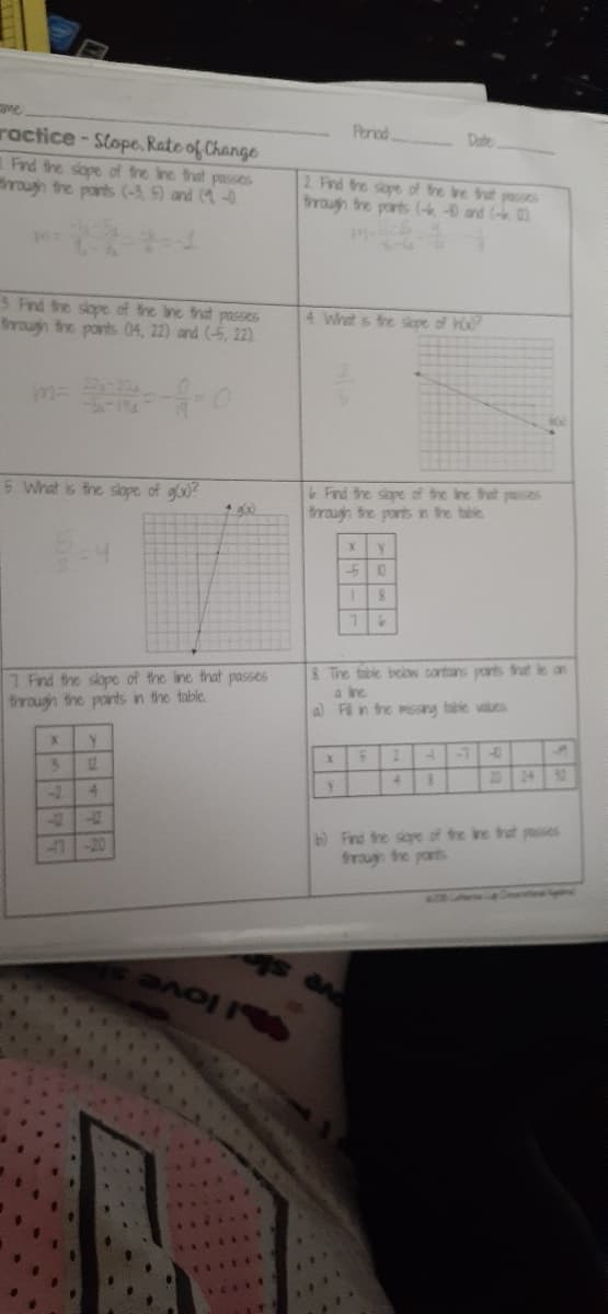 ve
ractice-Slope. Rate of Change
Period
Date
1 Fnd fhe sope of the inc that passes
rouh the ports (-3, ) and (-0
2. Fnd fhe sope of the ive fat pas
frough the parts (k - and (
3 Find the slope of the ine that passes
raugh the ports 04, 22) and (-5, 22).
4 What is tre spe of Ho
5. What is the slope of glo?
6 Find the slape of the ine trt passes
through the ports in the tie
1 Find the slope of the ine that passes
trough the ports in the table.
8 The tible below contans ports that ie an
a ine
a) Fln the msany tbie valus
-1
12
24
-2
-2
Find tre siape of the ine trat pses
Srau the parts
-20
