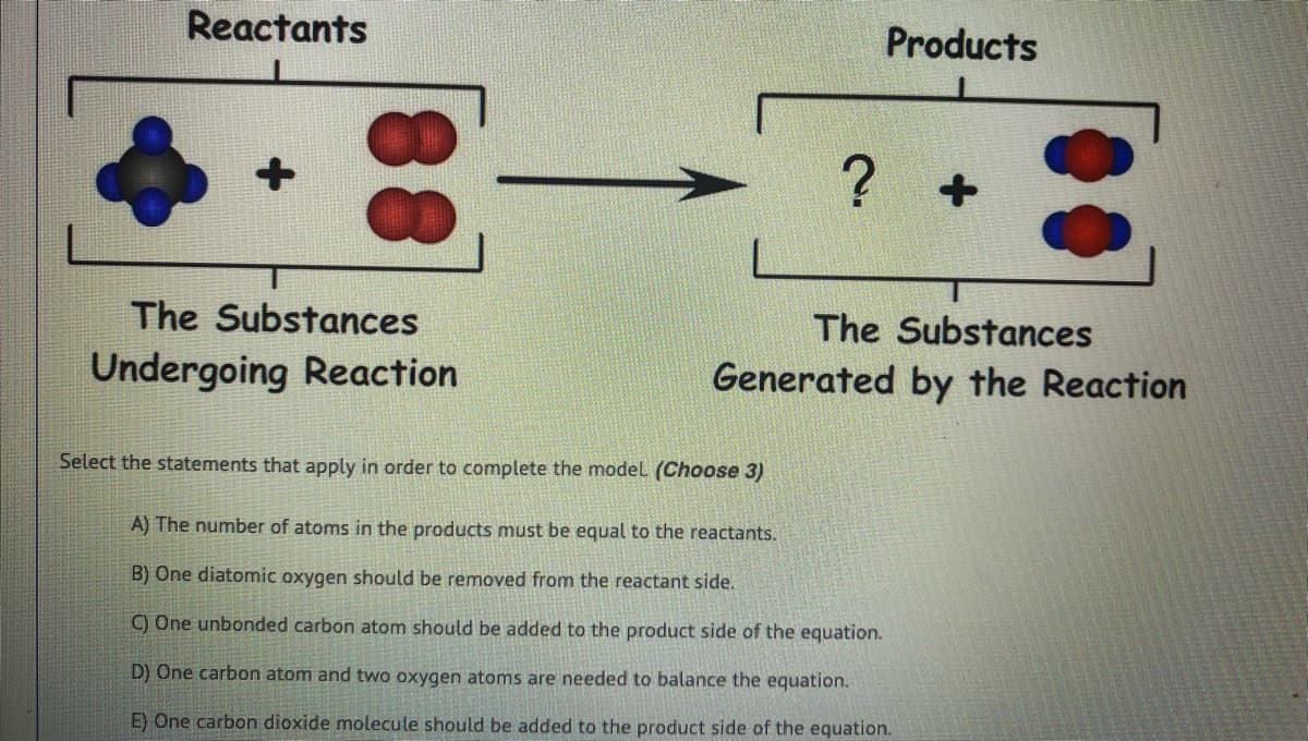 Reactants
Products
? +
The Substances
The Substances
Undergoing Reaction
Generated by the Reaction
Select the statements that apply in order to complete the model (Choose 3)
A) The number of atoms in the products must be equal to the reactants.
B) One diatomic oxygen should be removed from the reactant side.
C) One unbonded carbon atom should be added to the product side of the equation.
D) One carbon atom and two oxygen atoms are needed to balance the equation.
E) One carbon dioxide molecule should be added to the product side of the equation.
