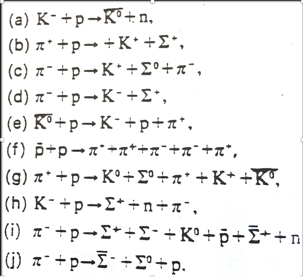 (a) K-+p-K®+n,
(b) z* +p– +K+E*,
(c) z¯ +p-K*+£°+x¯,
(d) z- +p-K-+£*,
(e) K°+p→K¯+p+x*,
|(f) p+p-7*+*+n¯+n¯+a*,
(g) z* +p-K°+E°+z* + K* +K",
|(h) K-+p-E*+n+x¯,
(i) z+p-I*+I- + K° + p+E+ +n
i) z- +p-I-+E° ÷p.
