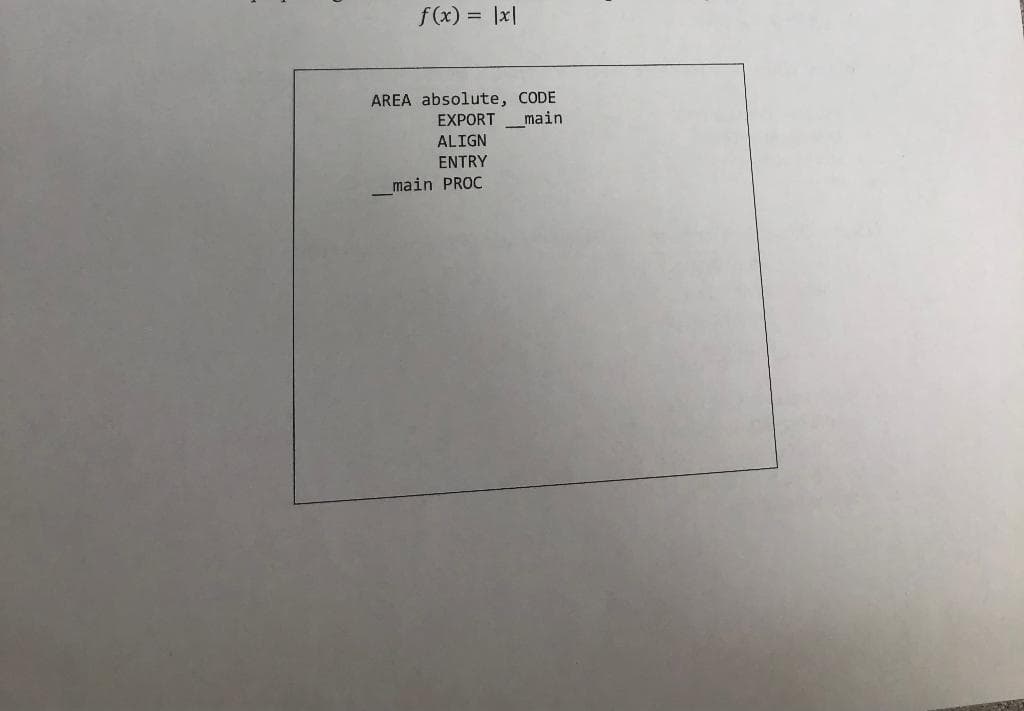 f(x) = |x|
%3D
AREA absolute, CODE
EXPORT_main
ALIGN
ENTRY
main PROC
