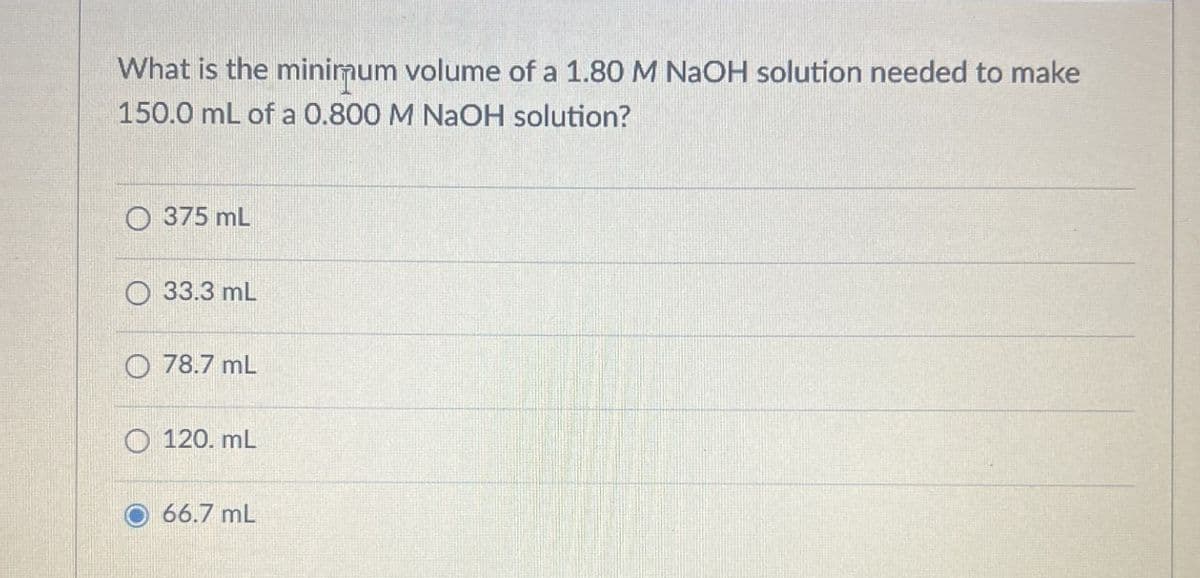 What is the minimum volume of a 1.80 M NaOH solution needed to make
150.0 mL of a 0.800 M NaOH solution?
375 mL
33.3 mL
78.7 mL
120. mL
66.7 mL