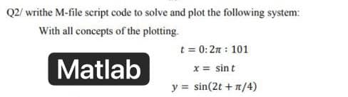 Q2/writhe M-file script code to solve and plot the following system:
With all concepts of the plotting.
Matlab
t = 0:2π: 101
x = sint
y = sin(2t + n/4)