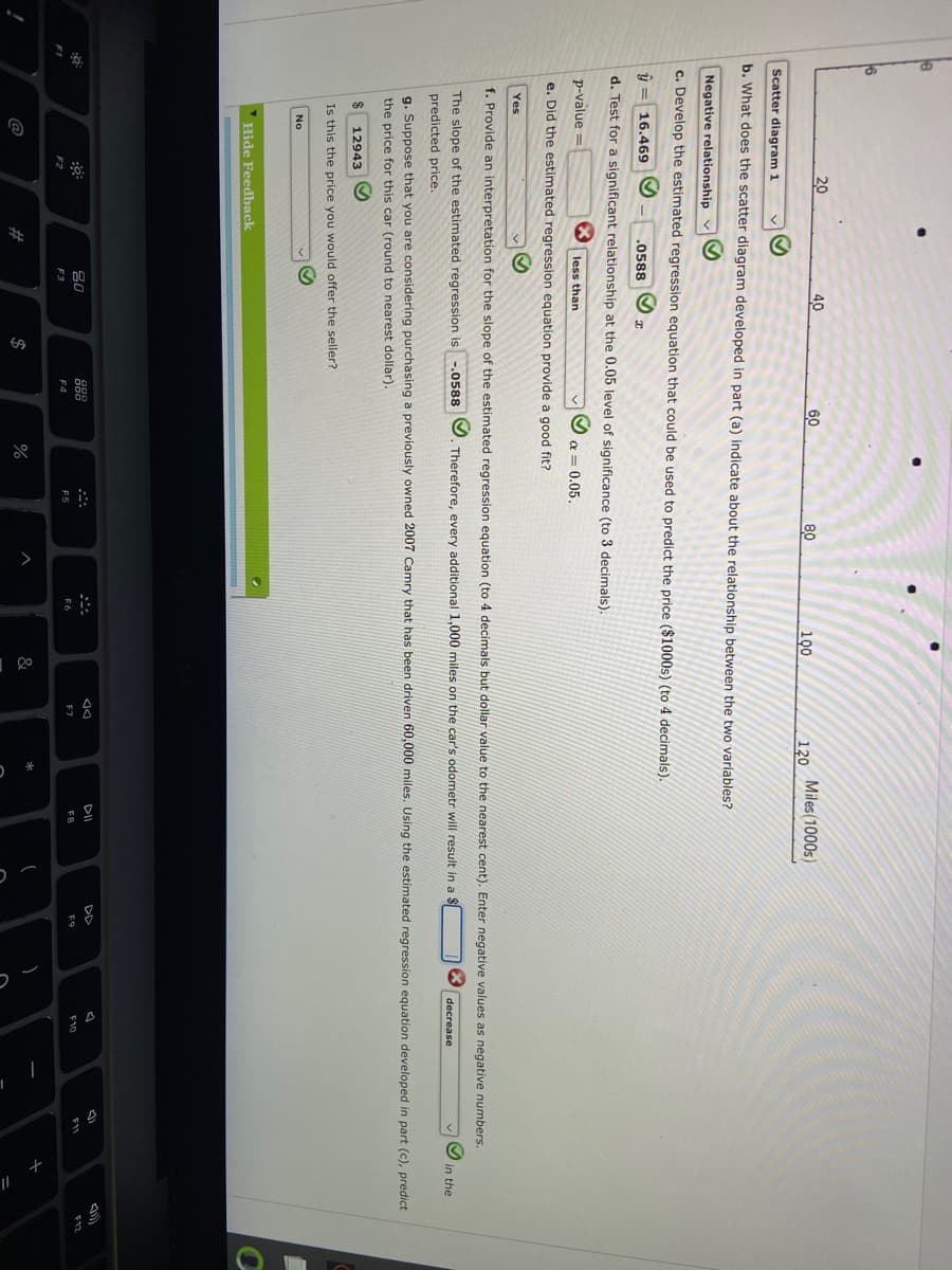 16
20
40
60
80
100
Miles (1000s)
120
Scatter diagram 1
b. What does the scatter diagram developed in part (a) indicate about the relationship between the two variables?
Negative relationship
c. Develop the estimated regression equation that could be used to predict the price ($1000s) (to 4 decimals).
16.469
.0588
I
d. Test for a significant relationship at the 0.05 level of significance (to 3 decimals).
p-value=
less than
α = 0.05.
e. Did the estimated regression equation provide a good fit?
Yes
f. Provide terpretation for the slope of the estimated regression equation (to 4 decimals but dollar value to the nearest cent). Enter negative values as negative numbers.
The slope of the estimated regression is -.0588. Therefore, every additional 1,000 miles on the car's odometr will result in a $
predicted price.
decrease
in the
g. Suppose that you are considering purchasing a previously owned 2007 Camry that has been driven 60,000 miles. Using the estimated regression equation developed in part (c), predict
the price for this car (round to nearest dollar).
$
12943
Is this the price you would offer the seller?
S
No
O
Hide Feedback
Aa
DII
DD
FR
F10
F7
F4
F6
F5
F2
@
80
F3
$
%
&
F9
)
(4)
F12
