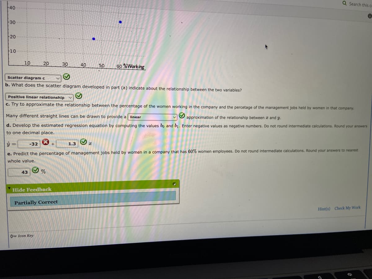 Q Search this co
40
0
30
20
10
10
20
40
50
60%Working
Scatter diagram c
M
b. What does the scatter diagram developed in part (a) indicate about the relationship between the two variables?
Positive linear relationship
c. Try to approximate the relationship between the percentage of the women working in the company and the percetage of the management jobs held by women in that company.
Many different straight lines can be drawn to provide a linear
S
approximation of the relationship between x and y.
d. Develop the estimated regression equation by computing the values bo and b₁. Enter negative values as negative numbers. Do not round intermediate calculations. Round your answers
to one decimal place.
y = -32
1.3✔✔ T
+
e. Predict the percentage of management jobs held by women in a company that has 60% women employees. Do not round intermediate calculations. Round your answers to nearest
whole value.
43
%
Hide Feedback
Partially Correct
Hint(s) Check My Work
Icon Key
30
●
