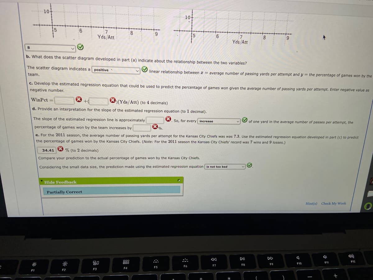 10-
F1
15
6
7
Yds/Att
8
9
15
6
7
8
9
Yds/Att
S
B
b. What does the scatter diagram developed in part (a) indicate about the relationship between the two variables?
The scatter diagram indicates a positive
✔ linear relationship between = average number of passing yards per attempt and y = the percentage of games won by the
team.
c. Develop the estimated regression equation that could be used to predict the percentage of games won given the average number of passing yards per attempt. Enter negative value as
negative number.
WinPct =
+(
(Yds/Att) (to 4 decimals)
d. Provide an interpretation for the slope of the estimated regression equation (to 1 decimal).
The slope of the estimated regression line is approximately
So, for every increase
of one yard in the average number of passes per attempt, the
percentage of games won by the team increases by
%.
e. For the 2011 season, the average number of passing yards per attempt for the Kansas City Chiefs was was 7.3. Use the estimated regression equation developed in part (c) to predict
the percentage of games won by the Kansas City Chiefs. (Note: For the 2011 season the Kansas City Chiefs' record was 7 wins and 9 losses.)
34.41 % (to 2 decimals)
Compare your prediction to the actual percentage of games won by the Kansas City Chiefs.
S
Considering the small data size, the prediction made using the estimated regression equation is not too bad
Hide Feedback
Partially Correct
Hint(s) Check My Work
(1)
◄◄
DII
000
000
F7
F6
F4
F5
F2
10-
80
F3
O
*
F8
(
F9
F10
F11
+
F12