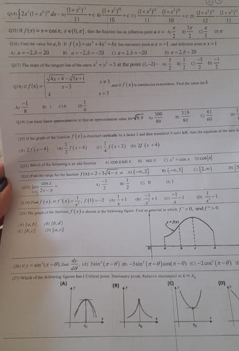 Q14) 2x (1+x²) x-(1-x²)
(1+x²)
(1+x²) (1+x²)
+CH
+00)
(1+x²)" (1+x)"
11
10
+CD)
11
10
12
1.1
015) 11/(x)=x+cosx, xe[0, ], then the function has an inflection point at x A)-
# 3r x
B) 9)
D) #
2 2 3
Q16) Find the value for a,b it f(x)=ax' +4x²+bx has stationary point atx-1, and inflection point atx=1
A) a=-2,b=20
B) a=-2,b=-20 Ca=2,b=-20
D) a=2,b=20
Q17) The slope of the tangent line of the curvex+y=5 at the point (1,-2)- A)
5 1
(11) G
√4x+4- √5x+1
x*3
Q18) ir f(x)=-
x-3
and it f(x) is continuous everywhere. Find the value for k
k
x=3
A)
3) 1
CHO
D)
6
300
319
61
DI
C)
Ai
Q19) Use local linear approximation to find an approximation value for √8.9
B)
80
80
60
(20) If the graph of the function f(x) is stretched vertically by a factor 2 and then translated 4 units left, then the equation of the new fo
(A) 2/(x-4)
()/(x+4)
((x+2) (D) 2/ (x+4)
A) cos xsin x
Bi secx
©r+cosx
D300s
021) Which of the following is an odd function
[2,00)
D)
022) Find the range for the function f(x)=2-3√/4-xat A1 (-0,2]
COS.X
3
023) lim
B)
D) 1
C) 0
21-4
(24) Find /(x),
(x)=(1)=-2 (1-
+1
(11)
(C)
(D)
(25) The graph of the function f(x) is shown in the following figure Find an jenerval in which f'>0, and f*>0
(A) [a,b]. (n) [b,d]
~/(x)
(0) [b.c]
(D) [a,c]
dy
(26) If y=sin(-0).find
(A) 3sin' (-0) (B) -3sin (-0) cos(-0) (c)-2cos' (-0) a
do
(27) Which of the following figures has (Critical point, Stationary point, Relative minimum) at XX
(A)
(B)
(C)
(D)
A>
A
C
A