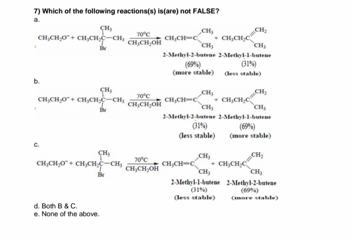 7) Which of the following reactions(s) is(are) not FALSE?
a.
CH3
70°C
CH,CH,OH
CH3
CH;CH=C
CH3
CH2
+ CH;CH,C
`CH3
CH;CH,0¯+ CH,CH;c-CH,
Br
2-Methyl-2-butene 2-Methyl-1-butene
(31%)
(69%)
(more stable)
(less stable)
b.
CH,
CH;CH,O¯+ CH;CH;C–CH;
Br
CH2
70°C
CH,CH,OH
CH3
+ CH;CH,C
CH3
CH;CH=C
`CH3
2-Methyl-2-butene 2-Methyl-1-butene
(31%)
(69%)
(more stable)
(less stable)
C.
CH,
CH,CH,OH
CH;
CH3
+ CH;CH;C
`CH;
70°C
CH;CH,O"+ CH;CH,c-CH,
CH;CH=C
CH3
Br
2-Methyl-1-butene 2-Methyl-2-butene
(31%)
(less stable)
(69%)
(more stable)
d. Both B & C.
e. None of the above.
