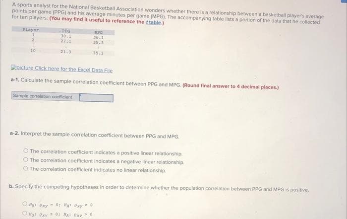 A sports analyst for the National Basketball Association wonders whether there is a relationship between a basketbail player's average
points per game (PPG) and his average minutes per game (MPG). The accompanying table lists a portion of the data that he collected
for ten players. (You may find it useful to reference the ttable.)
Player
PPG
30.1
27.1
MPG
36.1
35.3
10
21.3
35.3
picture Click here for the Excel Data File
a-1. Calculate the sample correlation coefficient between PPG and MPG. (Round final answer to 4 decimal places.)
Sample correlation coefficient
a-2. Interpret the sample correlation coefficient between PPG and MPG.
O The correlation coefficient indicates a positive linear relationship.
O The correlation coefficient indicates a negative linear relationship.
O The correlation coefficient indicates no linear relationship.
b. Specify the competing hypotheses in order to determine whether the population correlation between PPG and MPG is positive.
O Ho: exy
-O: HA exy0
O Ho: exv s0 HAt exv>0
