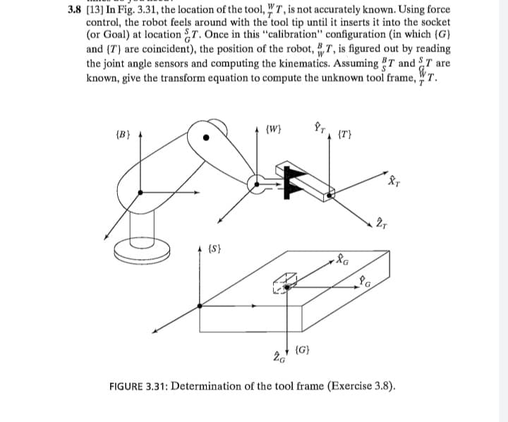 3.8 [13] In Fig. 3.31, the location of the tool, WT, is not accurately known. Using force
control, the robot feels around with the tool tip until it inserts it into the socket
(or Goal) at location T. Once in this "calibration" configuration (in which (G)
and (T) are coincident), the position of the robot, T, is figured out by reading
the joint angle sensors and computing the kinematics. Assuming T and T are
known, give the transform equation to compute the unknown tool frame, T.
{W}
{B}
{T}
2T
{S}
{G}
FIGURE 3.31: Determination of the tool frame (Exercise 3.8).
