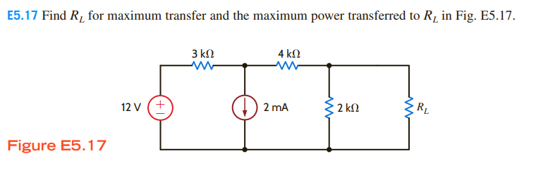 E5.17 Find R₂ for maximum transfer and the maximum power transferred to R₂ in Fig. E5.17.
Figure E5.17
12 V (+
3 ΚΩ
ww
4 ΚΩ
ww
2 mA
www
2 ΚΩ
R₁