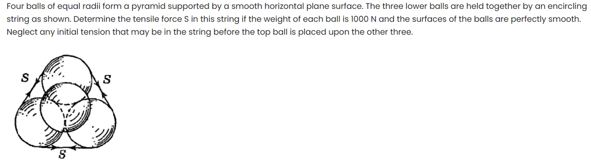 Four balls of equal radii form a pyramid supported by a smooth horizontal plane surface. The three lower balls are held together by an encircling
string as shown. Determine the tensile force S in this string if the weight of each ball is 1000 N and the surfaces of the balls are perfectly smooth.
Neglect any initial tension that may be in the string before the top ball is placed upon the other three.
S