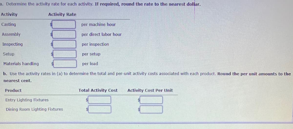 a. Determine the activity rate for each activity. If required, round the rate to the nearest dollar.
Activity
Activity Rate
Casting
per machine hour
Assembly
per direct labor hour
Inspecting
per inspection
Setup
per setup
Materials handling
per load
b. Use the activity rates in (a) to determine the total and per-unit activity costs associated with each product. Round the per unit amounts to the
nearest cent.
Product
Total Activity Cost
Activity Cost Per Unit
Entry Lighting Fixtures
Dining Room Lighting Fixtures
