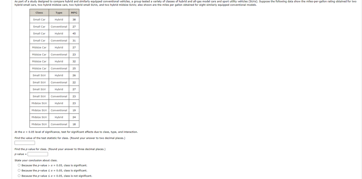 As part of a study designed to compare hybrid and similarly equipped conventional vehicles, a group tested a variety of classes of hybrid and all-gas model cars and sport utility vehicles (SUVS). Suppose the following data show the miles-per-gallon rating obtained for two
hybrid small cars, two hybrid midsize cars, two hybrid small SUVS, and two hybrid midsize SUVS; also shown are the miles per gallon obtained for eight similarly equipped conventional models.
Class
Туре
MPG
Small Car
Hybrid
38
Small Car
Conventional
27
Small Car
Hybrid
45
Small Car
Conventional
31
Midsize Car
Hybrid
27
Midsize Car
Conventional
23
Midsize Car
Hybrid
32
Midsize Car
Conventional
25
Small SUV
Hybrid
26
Small SUV
Conventional
22
Small SUV
Hybrid
27
Small SUV
Conventional
23
Midsize SUV
Hybrid
23
Midsize SUV
Conventional
19
Midsize SUV
Hybrid
24
Midsize SUV
Conventional
18
At the a = 0.05 level of significance, test for significant effects due to class, type, and interaction.
Find the value of the test statistic for class. (Round your answer to two decimal places.)
Find the p-value for class. (Round your answer to three decimal places.)
p-value =
State your conclusion about class.
O Because the p-value > a = 0.05, class is significant.
O Because the p-value < a = 0.05, class is significant.
O Because the p-value s a = 0.05, class is not significant.
