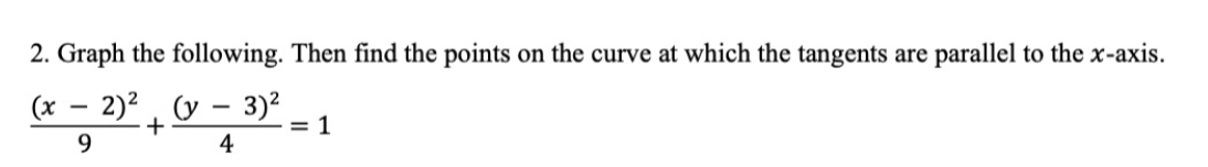 2. Graph the following. Then find the points on the curve at which the tangents are parallel to the x-axis.
(x
2)2, y – 3)2
+
= 1
9.
4
