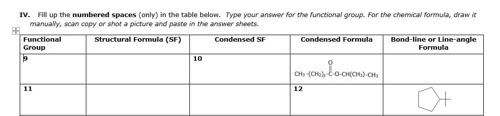 IV. Fill up the numbered spaces (only) in the table below. Type your answer for the functional group. For the chemical formula, draw it
manually, scan copy or shot a picture and paste in the answer sheets.
Functional
Structural Formula (SF)
Condensed SF
Condensed Formula
Bond-line or Line-angle
Group
Formula
10
CH3 -(CH2),-C-O-CH(CH3)-CH3
11
12
