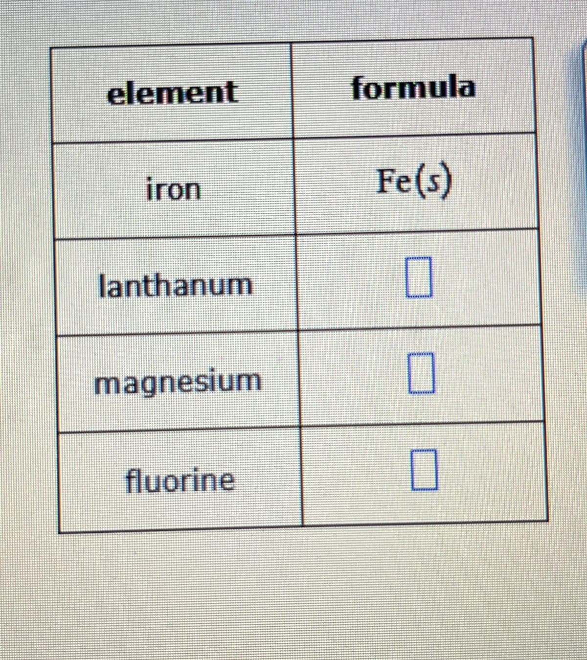 element
formula
iron
Fe(s)
lanthanum
☐
magnesium
☐
fluorine
☐