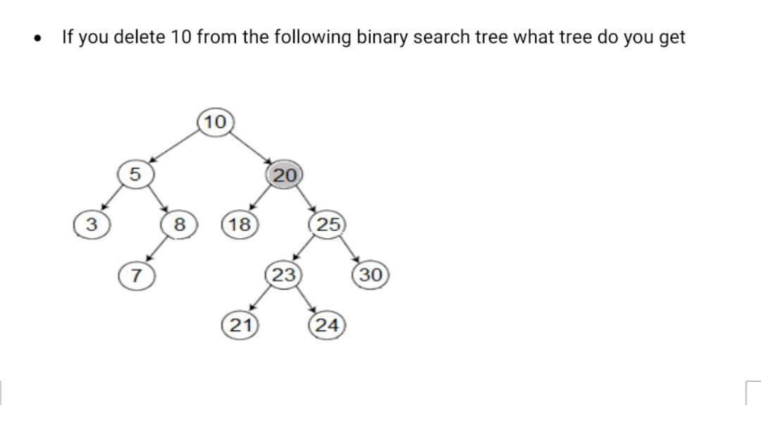 If you delete 10 from the following binary search tree what tree do you get
10
20
8
18
25
23
30
21
24
