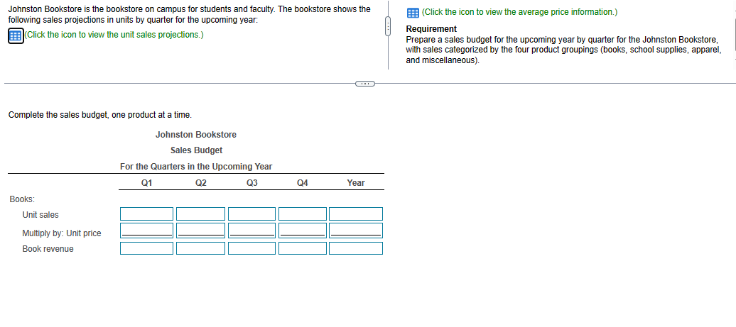 Johnston Bookstore is the bookstore on campus for students and faculty. The bookstore shows the
following sales projections in units by quarter for the upcoming year:
(Click the icon to view the unit sales projections.)
Complete the sales budget, one product at a time.
Books:
Unit sales
Multiply by: Unit price
Book revenue
Johnston Bookstore
Sales Budget
For the Quarters in the Upcoming Year
Q1
Q3
Q2
Q4
Co
Year
(Click the icon to view the average price information.)
Requirement
Prepare a sales budget for the upcoming year by quarter for the Johnston Bookstore,
with sales categorized by the four product groupings (books, school supplies, apparel,
and miscellaneous).