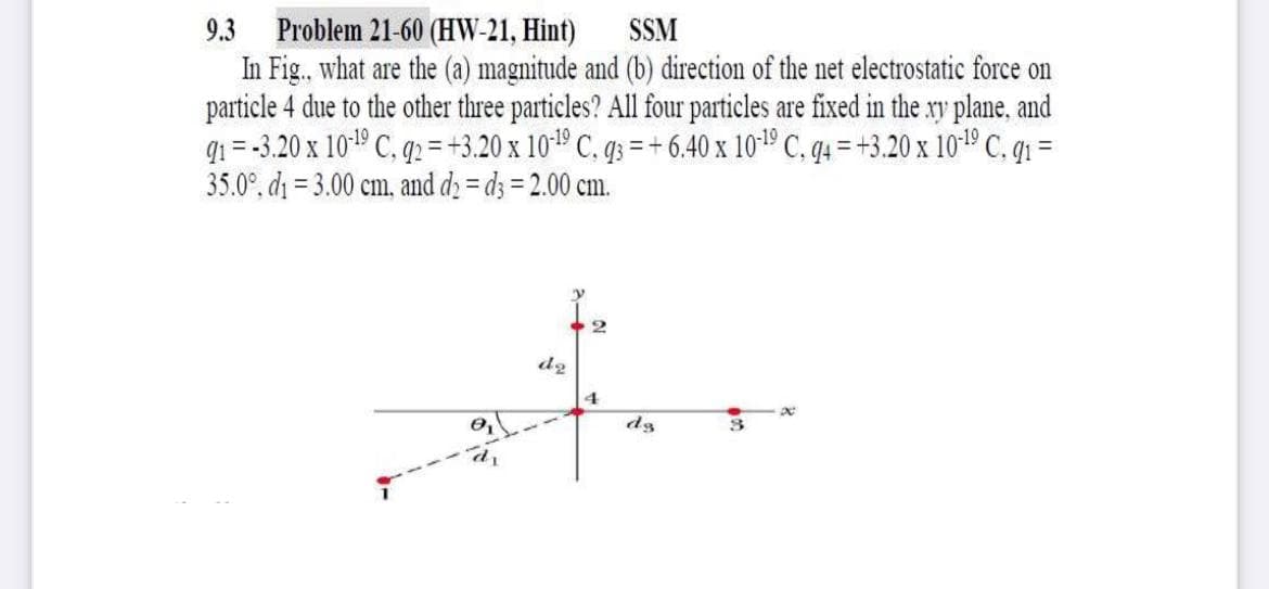 Problem 21-60 (HW-21, Hint)
In Fig., what are the (a) magnitude and (b) direction of the net electrostatic force on
particle 4 due to the other three particles? All four particles are fixed in the xy plane, and
q1 = -3.20 x 10º C, q2 =+3.20 x 10*" C. qs = + 6.40 x 10*19 C, q4 = +3.20 x 101º C. q1 =
35.0°, di = 3.00 cm, and d = d3 = 2.00 cm.
9.3
SSM
%3D
%3D
d2
4.
ds
