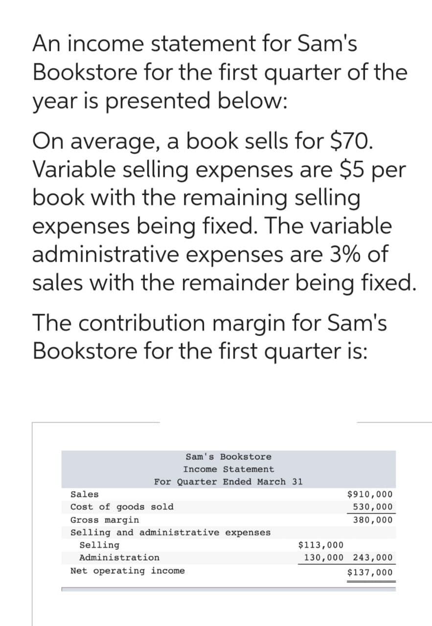 An income statement for Sam's
Bookstore for the first quarter of the
year is presented below:
On average, a book sells for $70.
Variable selling expenses are $5 per
book with the remaining selling
expenses being fixed. The variable
administrative expenses are 3% of
sales with the remainder being fixed.
The contribution margin for Sam's
Bookstore for the first quarter is:
Sam's Bookstore
Income Statement
For Quarter Ended March 31
Sales
Cost of goods sold.
Gross margin
Selling and administrative expenses
Selling
Administration
Net operating income
$910,000
530,000
380,000
$113,000
130,000 243,000
$137,000