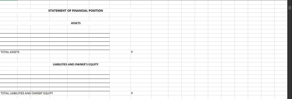 STATEMENT OF FINANCIAL POSITION
ASSETS
TOTAL ASSETS
P
LIABILITIES AND OWNER'S EQUITY
TOTAL LIABILITIES AND OWNER' EQUITY
