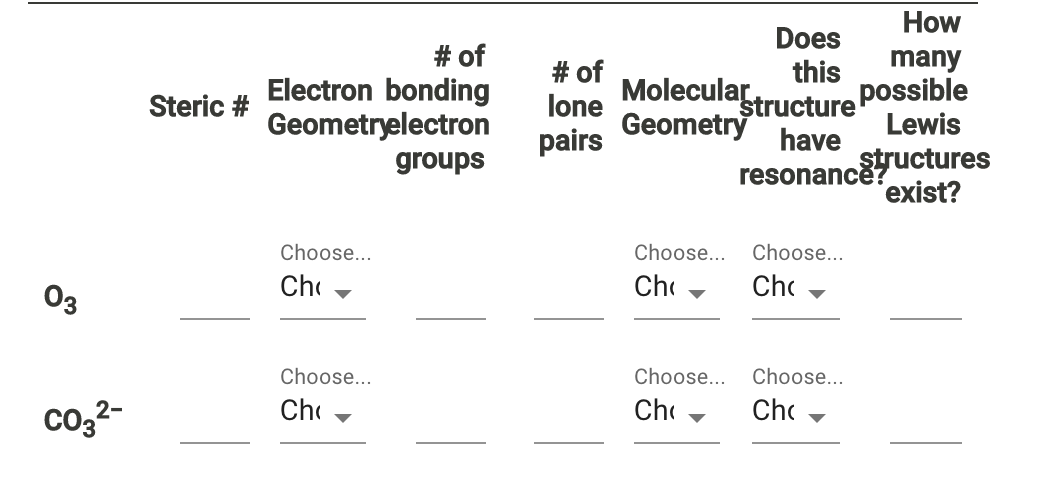 How
Does
# of
Electron bonding
Geometryelectron
# of
this
many
lone Molecular.
Geometry
pairs
structure possible
have
gtructures
Steric #
Lewis
groups
resonance?
'exist?
Choose...
Choose...
Choose...
Оз
Che
Cho
Cho
Choose...
Choose...
Choose...
co32-
Cho
Ch
Cho
