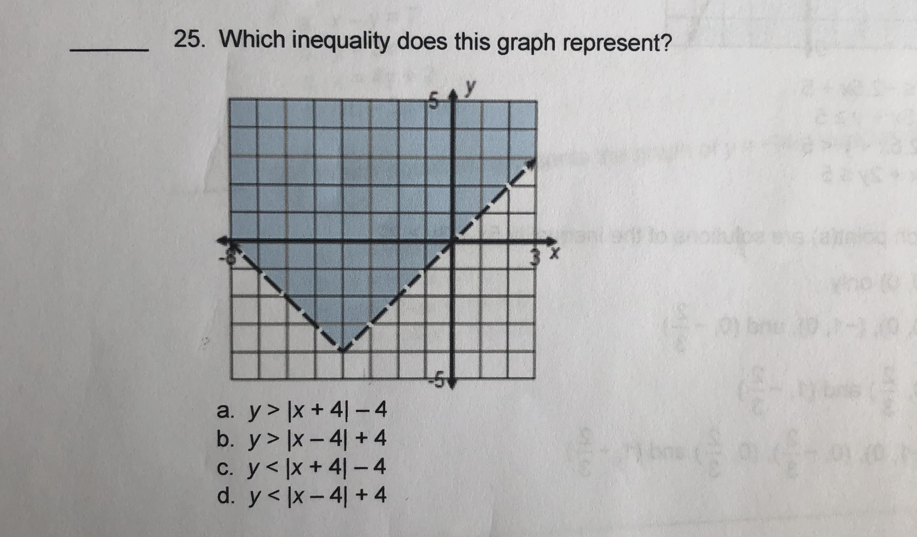 X.
a. y> ]x + 4|- 4
b. y> ]x - 4| + 4
c. y< |x + 4|-4
d. y< |x- 4| + 4
