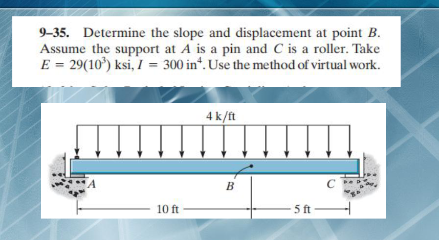 9-35. Determine the slope and displacement at point B.
Assume the support at A is a pin and C is a roller. Take
E = 29(10) ksi, I =
300 in*. Use the method of virtual work.
4 k/ft
C De
10 ft
5 ft
