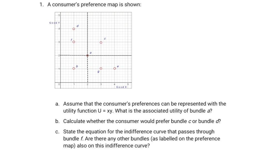 1. A consumer's preference map is shown:
Good Y
fo
d
a
O
g
。e
Good X
a. Assume that the consumer's preferences can be represented with the
utility function U = xy. What is the associated utility of bundle a?
b.
Calculate whether the consumer would prefer bundle c or bundle d?
c. State the equation for the indifference curve that passes through
bundle f. Are there any other bundles (as labelled on the preference
map) also on this indifference curve?